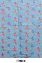 Blue floral design linen cotton saree with scallop border and matching printed blouse