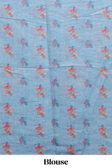 Blue floral design linen cotton saree with scallop border and matching printed blouse