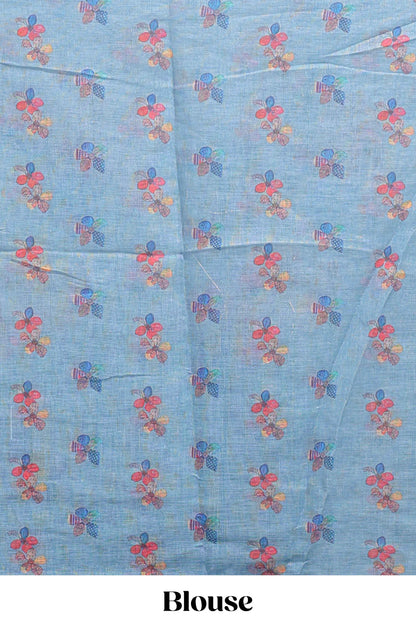 Blue floral design linen cotton saree with scallop border and matching printed blouse