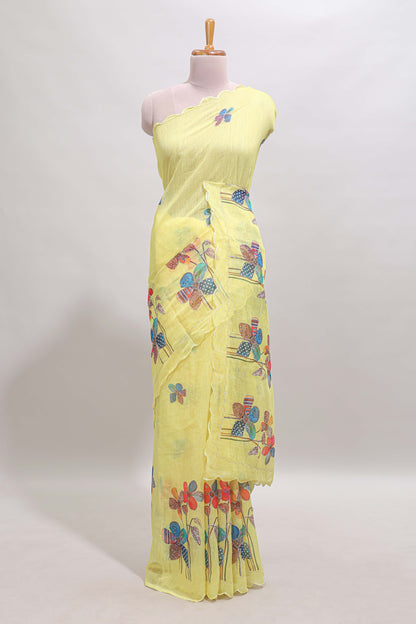 Yellow floral design linen cotton saree with scallop border and matching printed blouse