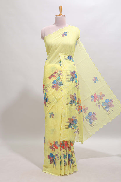 Yellow floral design linen cotton saree with scallop border and matching printed blouse