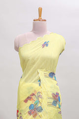 Yellow floral design linen cotton saree with scallop border and matching printed blouse