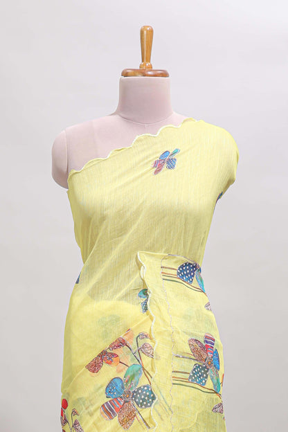 Yellow floral design linen cotton saree with scallop border and matching printed blouse
