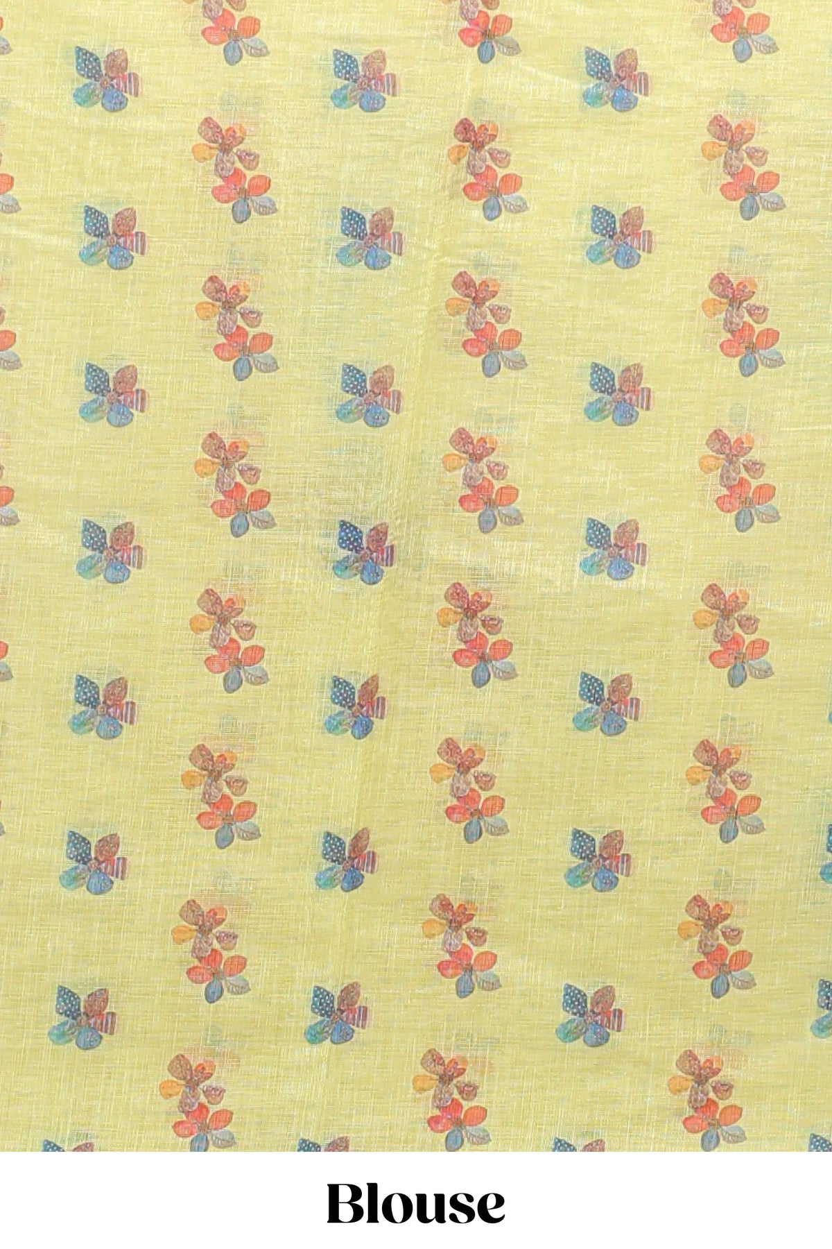 Yellow floral design linen cotton saree with scallop border and matching printed blouse
