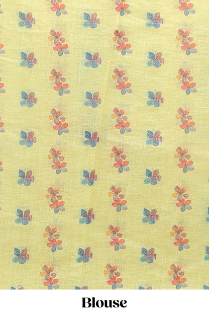 Yellow floral design linen cotton saree with scallop border and matching printed blouse