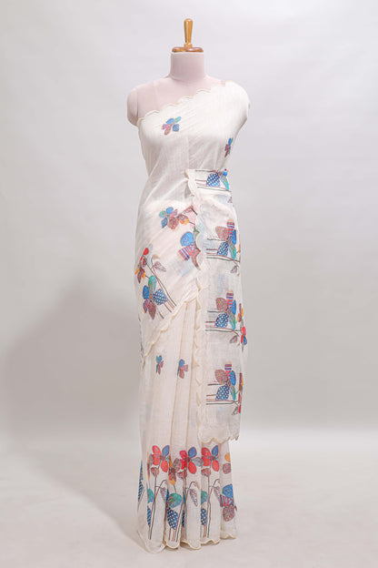 Off white floral design linen cotton saree with scallop border and matching printed blouse