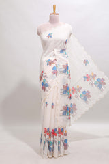 Off white floral design linen cotton saree with scallop border and matching printed blouse
