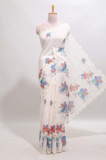 Off white floral design linen cotton saree with scallop border and matching printed blouse