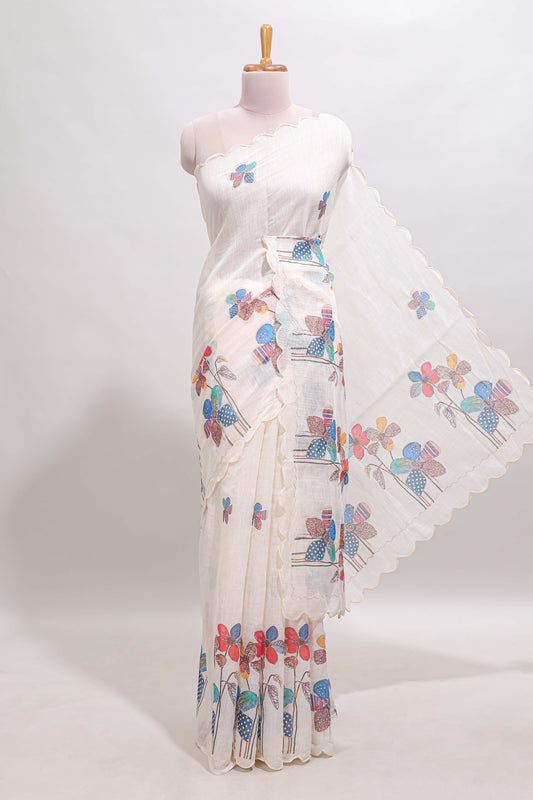Off white floral design linen cotton saree with scallop border and matching printed blouse