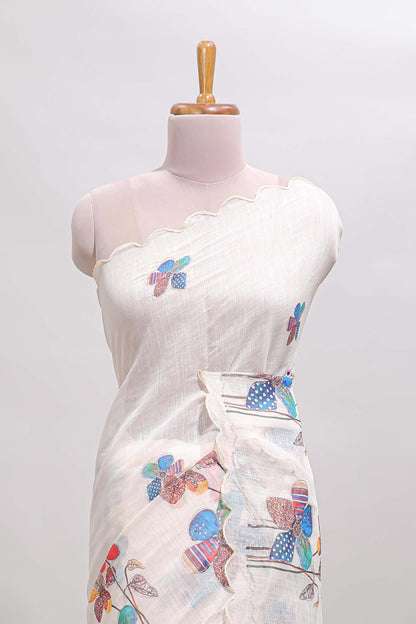 Off white floral design linen cotton saree with scallop border and matching printed blouse