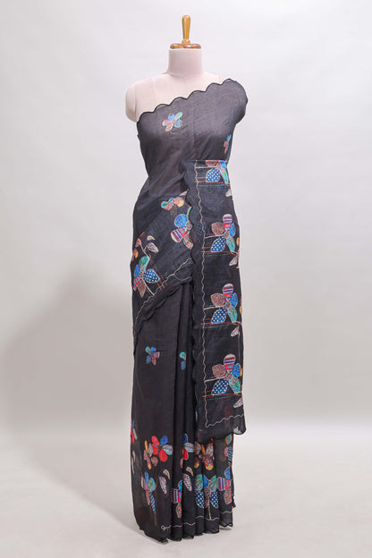 Black floral design linen cotton saree with scallop border and matching printed blouse