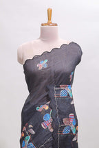 Black floral design linen cotton saree with scallop border and matching printed blouse