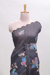 Black floral design linen cotton saree with scallop border and matching printed blouse