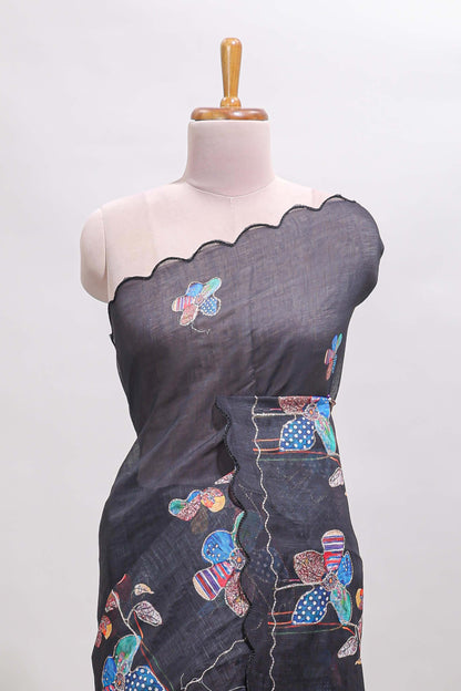 Black floral design linen cotton saree with scallop border and matching printed blouse