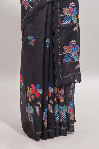Black floral design linen cotton saree with scallop border and matching printed blouse