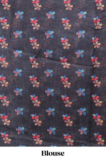 Black floral design linen cotton saree with scallop border and matching printed blouse