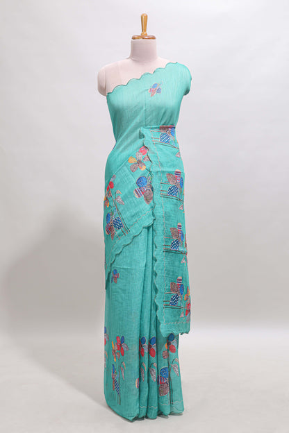 Green floral design linen cotton saree with scallop border and matching printed blouse