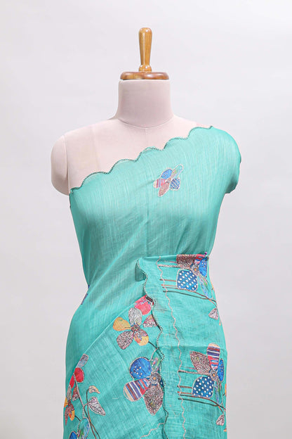 Green floral design linen cotton saree with scallop border and matching printed blouse