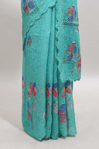 Green floral design linen cotton saree with scallop border and matching printed blouse