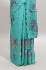 Green floral design linen cotton saree with scallop border and matching printed blouse