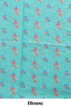 Green floral design linen cotton saree with scallop border and matching printed blouse