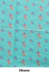 Green floral design linen cotton saree with scallop border and matching printed blouse