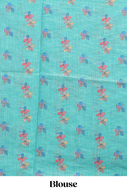 Green floral design linen cotton saree with scallop border and matching printed blouse