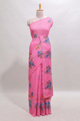 Pink floral design linen cotton saree with scallop border and matching printed blouse