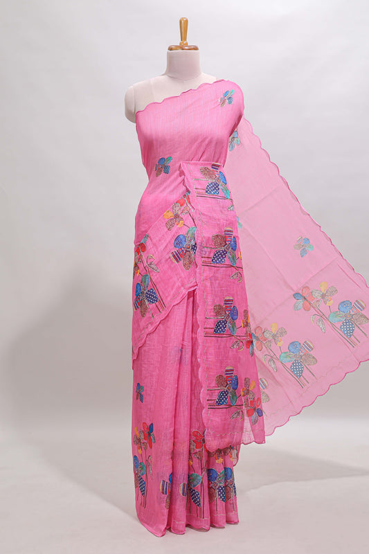 Pink floral design linen cotton saree with scallop border and matching printed blouse