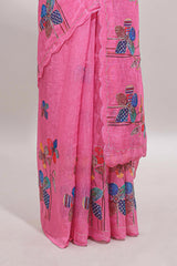 Pink floral design linen cotton saree with scallop border and matching printed blouse