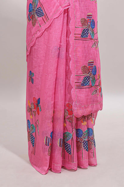 Pink floral design linen cotton saree with scallop border and matching printed blouse