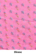 Pink floral design linen cotton saree with scallop border and matching printed blouse