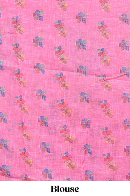 Pink floral design linen cotton saree with scallop border and matching printed blouse