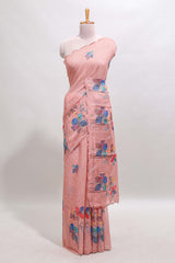 Peach floral design linen cotton saree with scallop border and matching printed blouse
