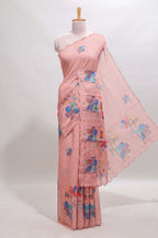 Peach floral design linen cotton saree with scallop border and matching printed blouse