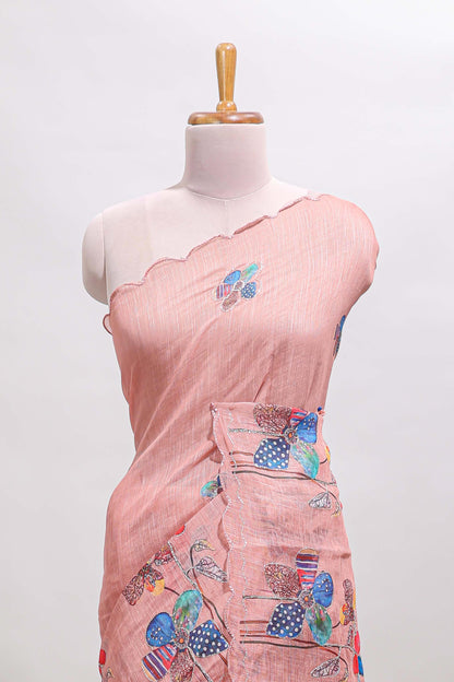 Peach floral design linen cotton saree with scallop border and matching printed blouse