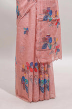 Peach floral design linen cotton saree with scallop border and matching printed blouse