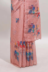 Peach floral design linen cotton saree with scallop border and matching printed blouse