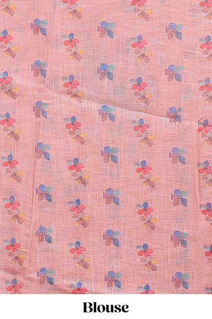 Peach floral design linen cotton saree with scallop border and matching printed blouse