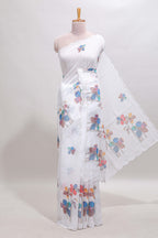 White floral design linen cotton saree with scallop border and matching printed blouse