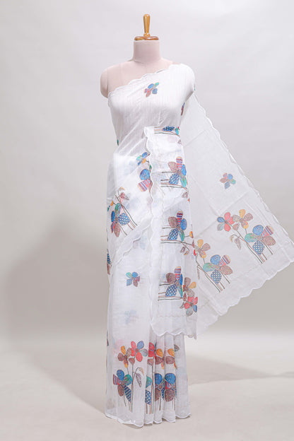 White floral design linen cotton saree with scallop border and matching printed blouse