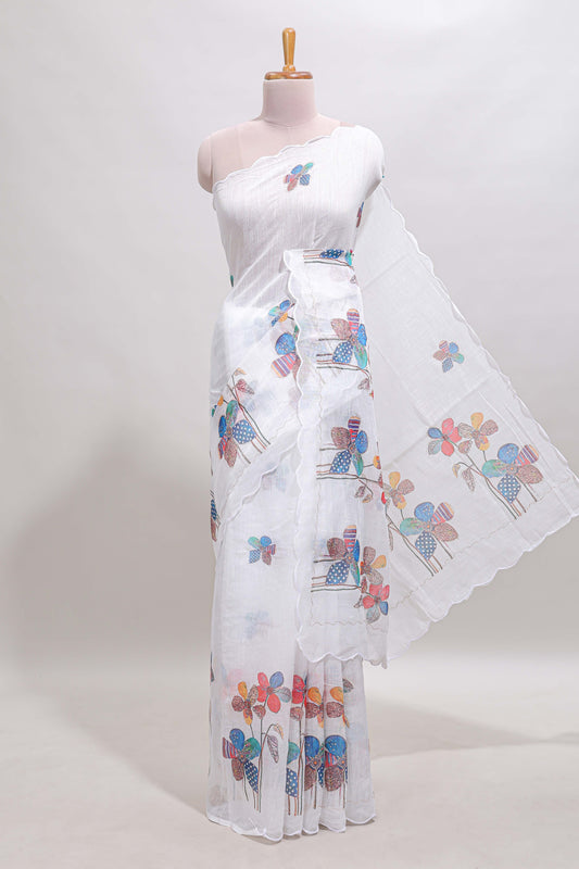 White floral design linen cotton saree with scallop border and matching printed blouse