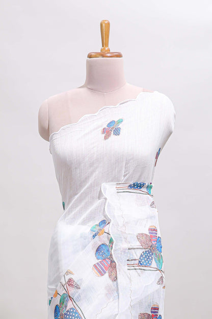 White floral design linen cotton saree with scallop border and matching printed blouse