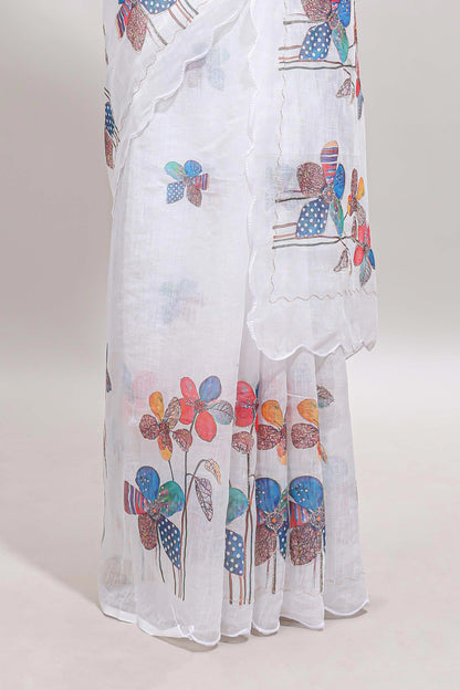 White floral design linen cotton saree with scallop border and matching printed blouse