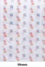 White floral design linen cotton saree with scallop border and matching printed blouse