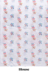 White floral design linen cotton saree with scallop border and matching printed blouse