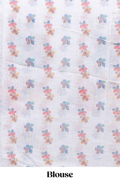White floral design linen cotton saree with scallop border and matching printed blouse