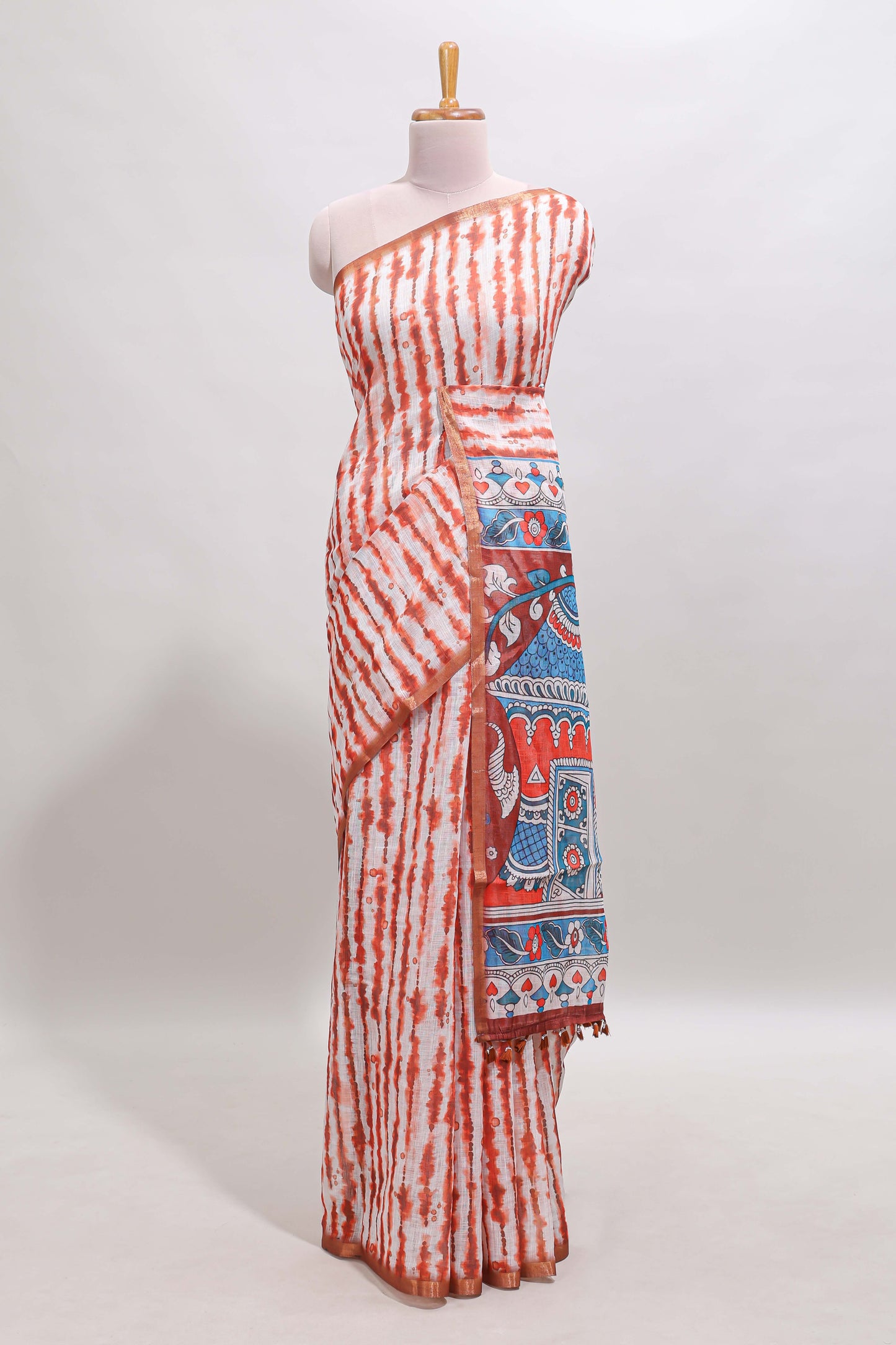 Orange striped leheriya print linen cotton saree with self border and matching blouse