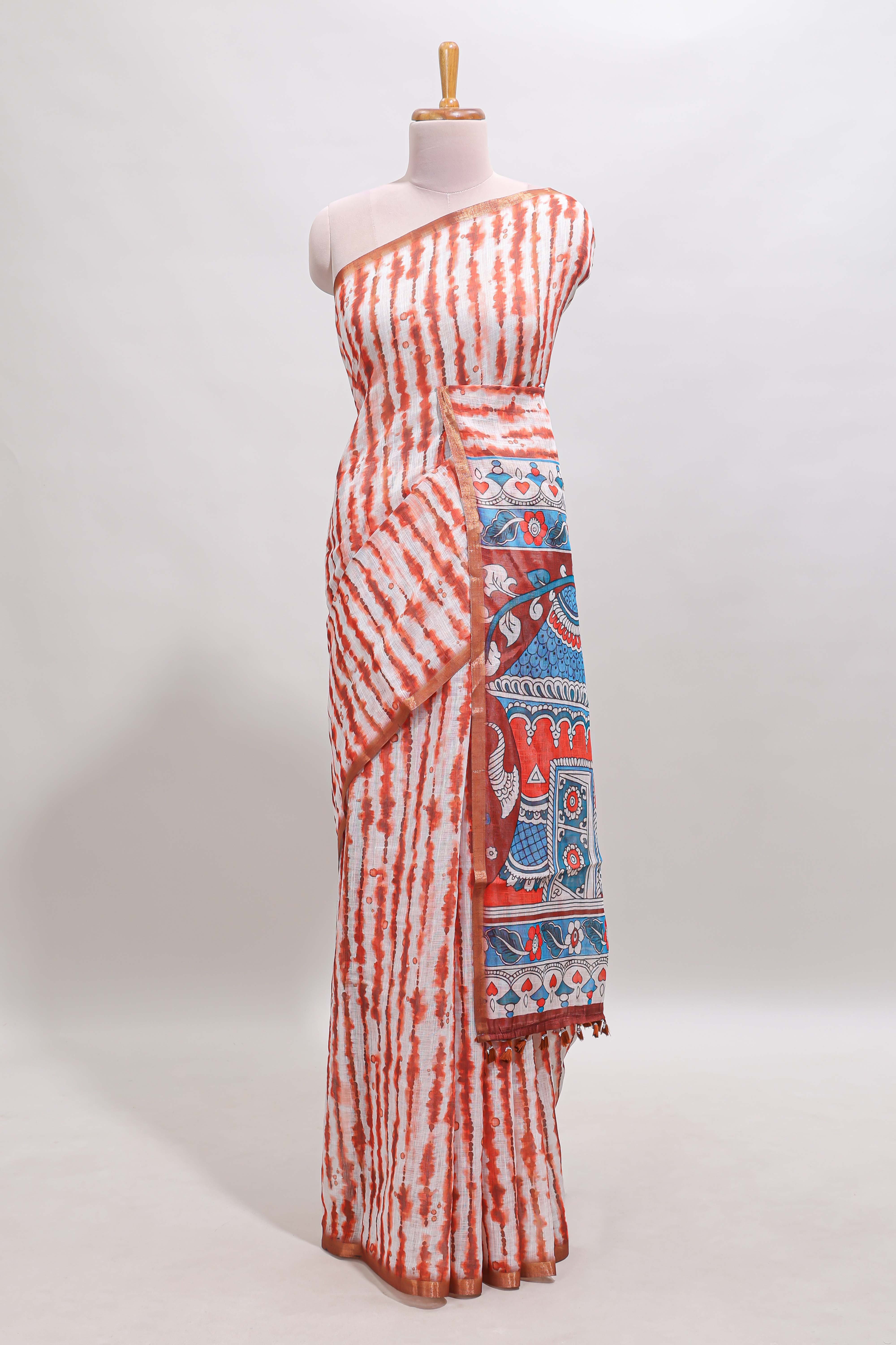 Orange striped leheriya print linen cotton saree with self border and matching blouse