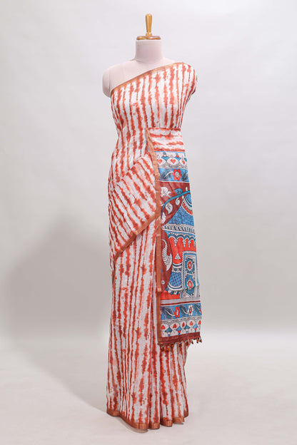 Orange striped leheriya print linen cotton saree with self border and matching blouse